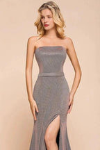 Glitter Strapless Floor Length Prom Dress Sleeveless Split Slit Evening Gown