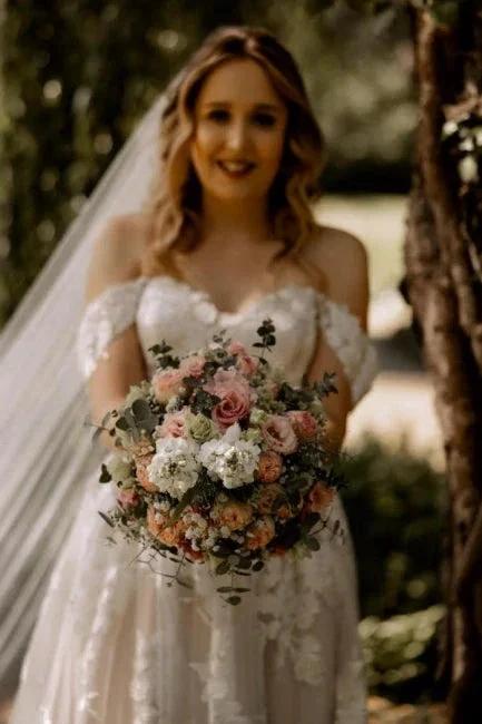Gorgeous A-Line Lace Off-The-Shoulder Sleeveless White Wedding Dresses With Ruffles