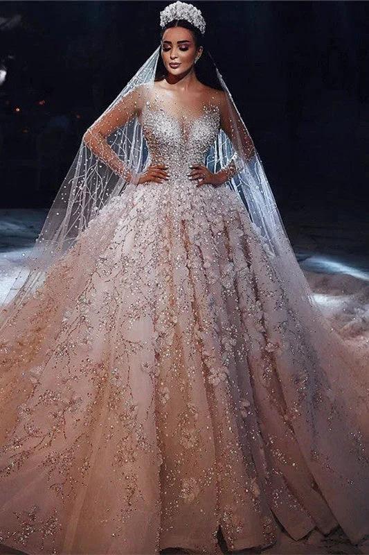 Gorgeous Beading Floral Bridal Wears Sheer Neck Long Sleeves Princess Wedding Dress