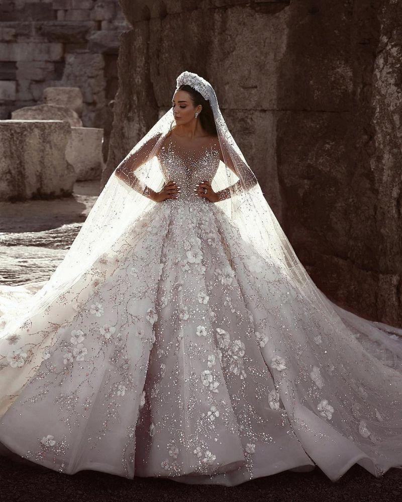 Gorgeous Beading Floral Bridal Wears Sheer Neck Long Sleeves Princess Wedding Dress