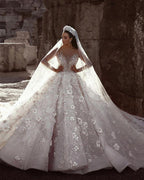 Gorgeous Beading Floral Bridal Wears Sheer Neck Long Sleeves Princess Wedding Dress