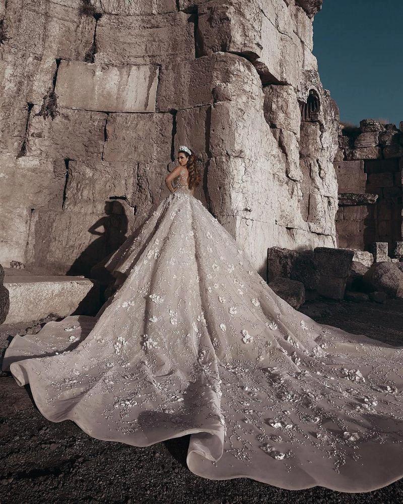 Gorgeous Beading Floral Bridal Wears Sheer Neck Long Sleeves Princess Wedding Dress