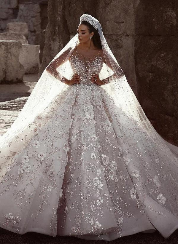 Gorgeous Beading Floral Bridal Wears Sheer Neck Long Sleeves Princess Wedding Dress