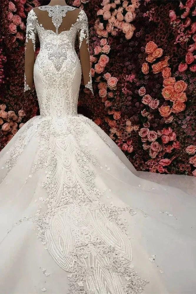 Gorgeous Crystals Mermaid Bridal Wears Long Sleeves Chapel Train Wedding Dress