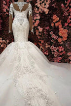 Gorgeous Crystals Mermaid Bridal Wears Long Sleeves Chapel Train Wedding Dress