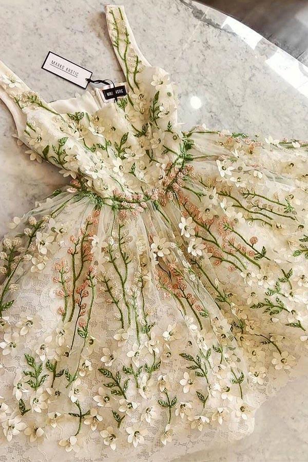 Gorgeous Flowers Straps Knee Length Prom Dresses Homecoming Dresses PD418
