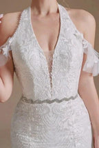Gorgeous Halter Sleeveless Mermaid Floor-Length Tulle Wedding Dresses with Applique