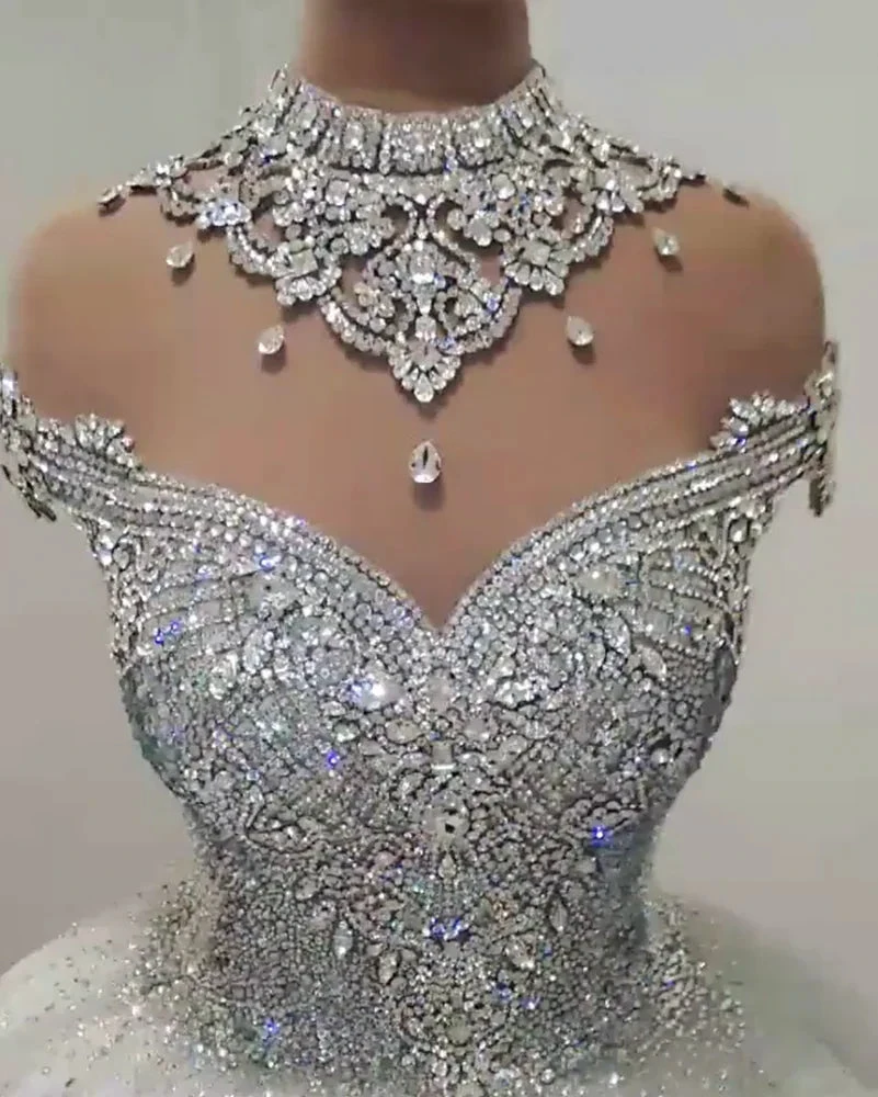 Gorgeous High Neck Crystal Beading Princess Wedding Dress