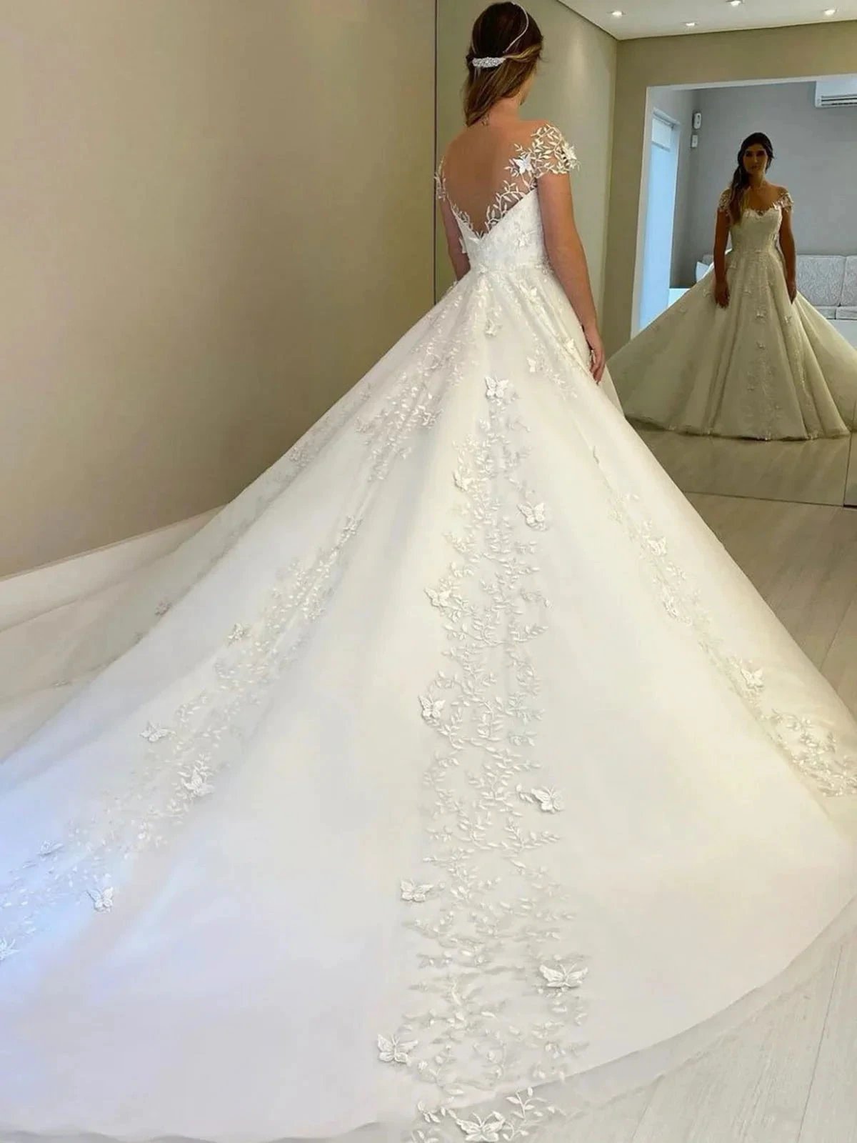 Gorgeous Long A-line Off Shoulder Lace Open Back Wedding Dresses with Cap Sleeves