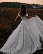 Gorgeous Long A-line Off-the-shoulder Tulle Wedding Dress with Appliques Lace