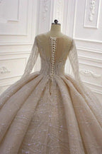 Gorgeous Long Ball Gown Bateau Crystal Wedding Dress with Sleeves