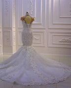 Gorgeous Long Mermaid High Neck Appliques Lace Crystal Tulle Wedding Dress
