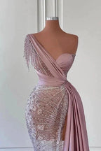 Gorgeous Long Mermaid One Shoulder Satin Beading Formal Prom Dresses