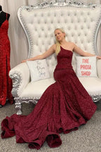 Gorgeous Long Mermaid One Shoulder Sequins Prom Dresses