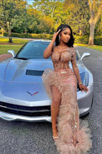 Gorgeous Long Mermaid Pink One Shoulder Long Sleeve Prom Dress With Slit