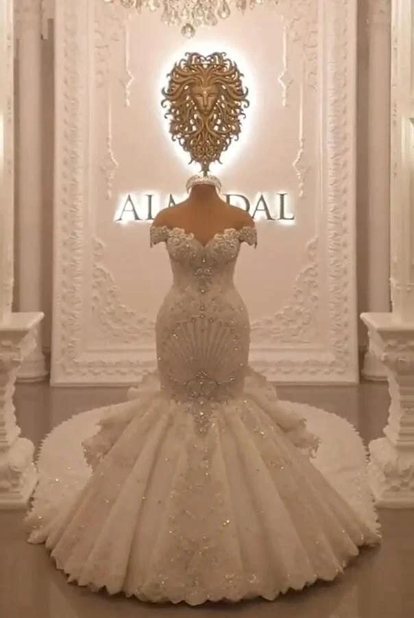 Gorgeous Long Off the Shoulder Crystal Backless Mermaid Wedding Dresses