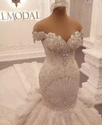 Gorgeous Long Off the Shoulder Crystal Backless Mermaid Wedding Dresses