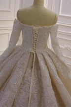 Gorgeous Long Sleeve Off the Shoulder Appliques Lace Ball Gown Wedding Dress