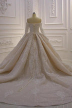 Gorgeous Long Sleeve Off the Shoulder Appliques Lace Ball Gown Wedding Dress