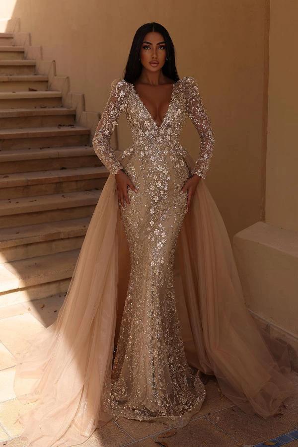 Gorgeous Long Sleeves Mermaid V-neck Wedding Dress with Detachable Tulle Train