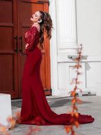 Gorgeous Mermaid Elastic Woven Satin Applique Off-the-Shoulder Long Sleeves Prom Dresses