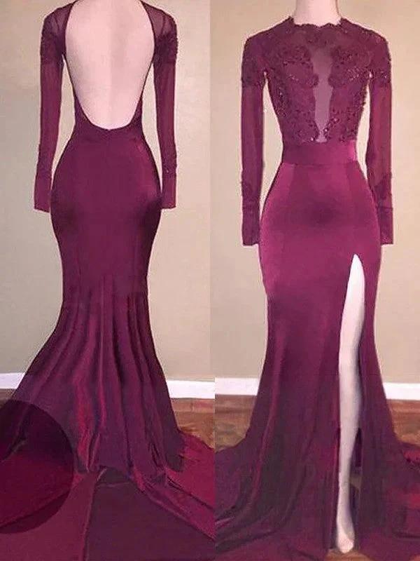 Gorgeous Mermaid Scoop Satin Long Sleeves Applique Prom Dresses