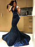 Gorgeous Mermaid Sleeveless Halter Ruffles Sequins Prom Dresses