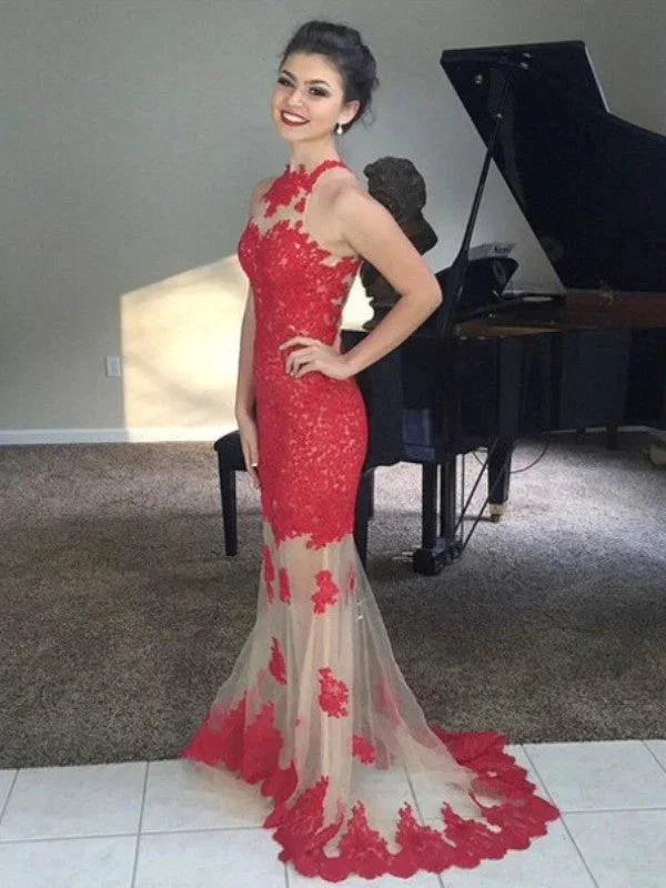 Gorgeous Mermaid Sleeveless High Neck Net Applique Prom Dresses