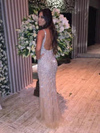 Gorgeous Mermaid Sleeveless V-neck Tulle Crystal Prom Dresses