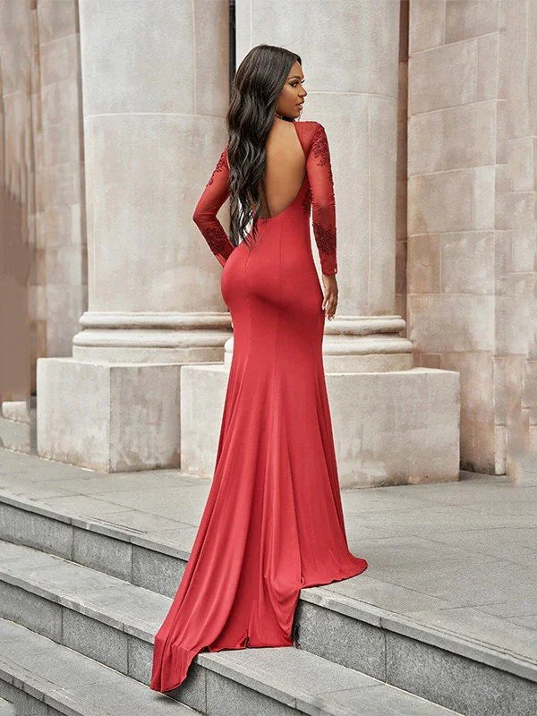 Gorgeous Mermaid Spandex Applique Scoop Long Sleeves Prom Dresses