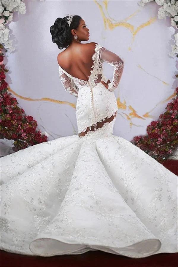 Gorgeous Off-the-Shoulder Long Sleeves Mermaid Ruffless Appliqued Beading Wedding Dress