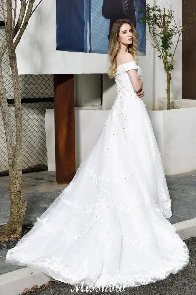 Gorgeous Off the Shoulder White aline Bridal Gown Garden Lace Appliques Wedding Dress