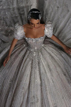 Gorgeous Princess A-line Beading Short Sleeves Wedding Dress With Lace