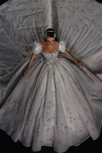Gorgeous Princess A-line Beading Short Sleeves Wedding Dress With Lace