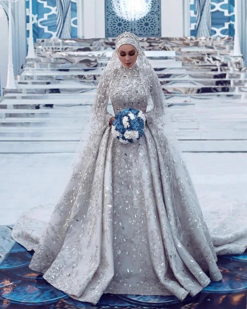 Gorgeous Sequins Bridal Gown Long Sleeves Highneck Sweep Train