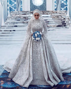 Gorgeous Sequins Bridal Gown Long Sleeves Highneck Sweep Train