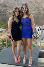 Gorgeous Short Royal Blue Tight Glitter Spaghetti Straps Homecoming Dress