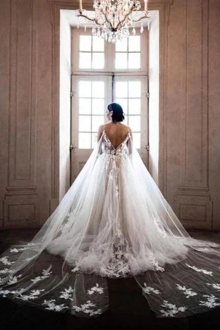 Gorgeous Spaghetti Straps Sleeveless A-Line Tulle Wedding Dresses with Pattern