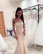 Gorgeous Strapless Beadings Mermaid Wedding Dress Affordable Sleeveless Long Bridal Gown