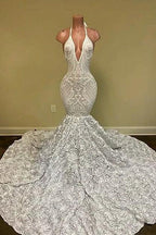 Gorgeous White V-Neck Sleeveless Prom Dress Mermaid Lace Bottom Flowers