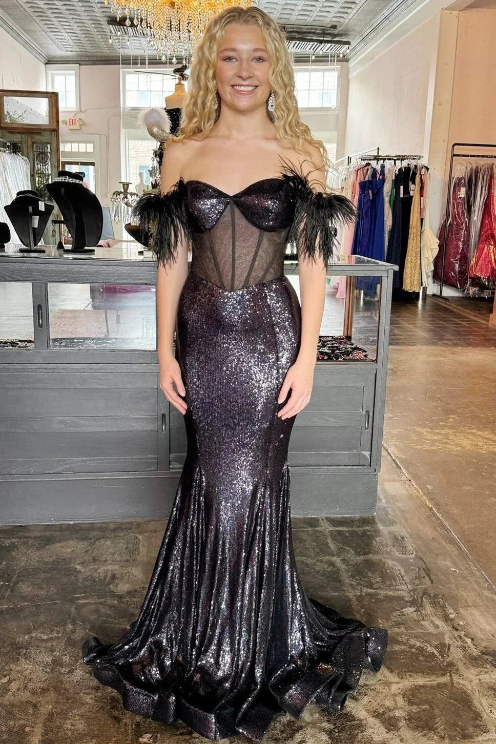 Gwenda | Black Sequin Feather Sheer Bodice Trumpet Long Gown