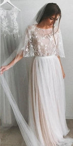 Half Sleeve Wedding Dresses A-line  Elegant Simple Romantic Lace Bridal Gown  WD424