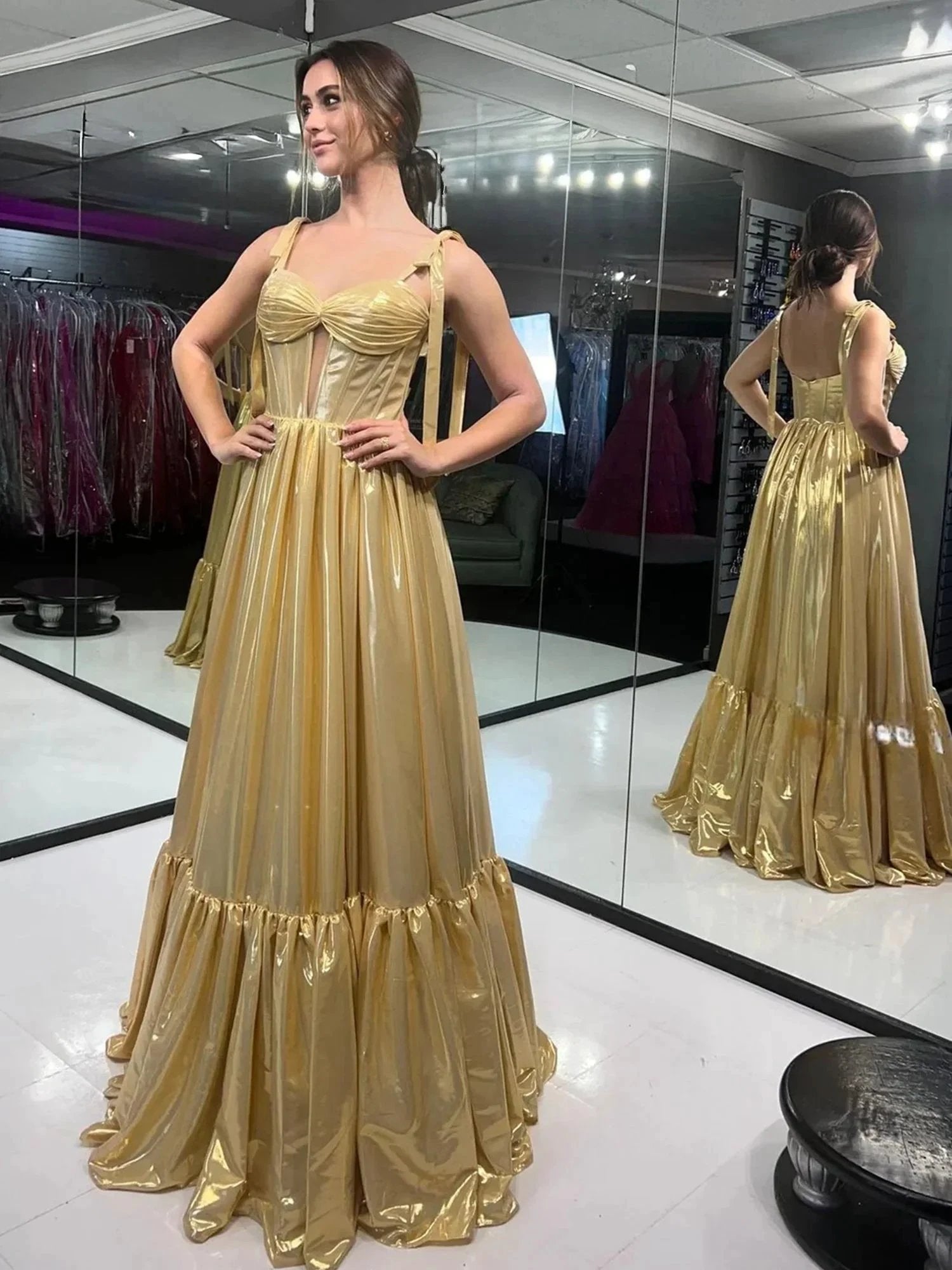 Halston | Bow Straps Gold Metallic A-line Long Formal Dress