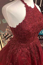 Halter Burgundy Lace A-Line Cute Backless Homecoming Dress PD373