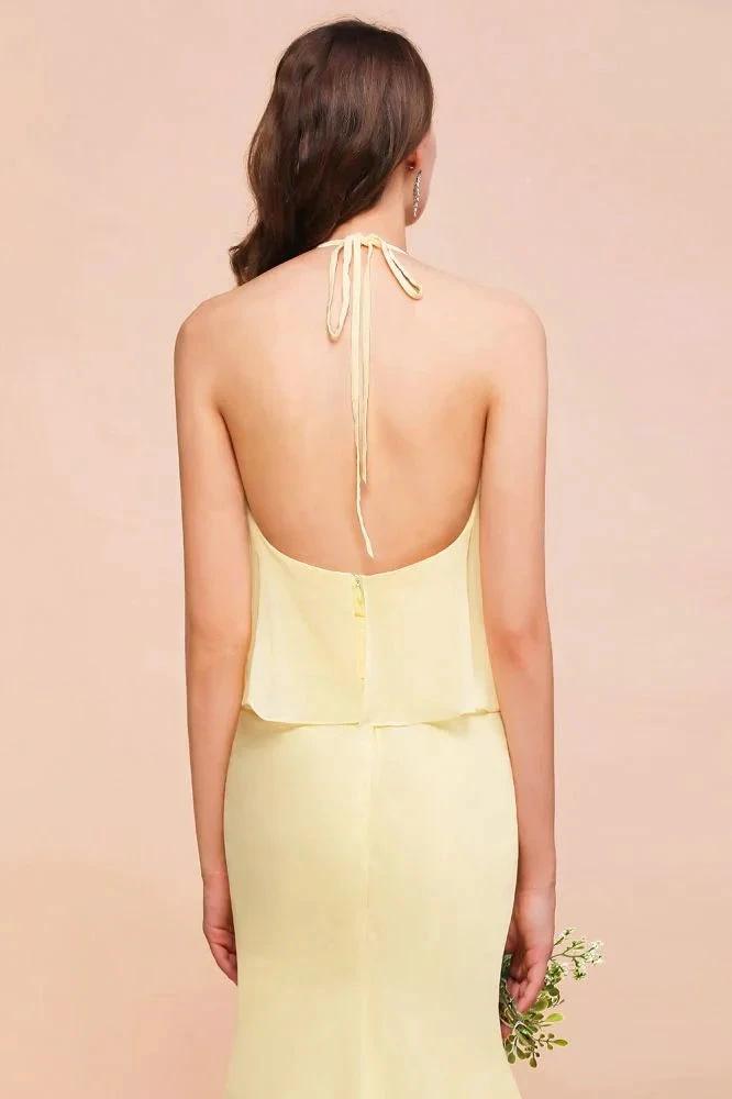 Halter Mermaid Chiffon Girls Bridesmaid Dress Yellow Floor length Beach Wedding Dress