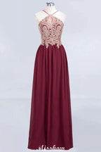 Halter Spaghetti Gold Appliques Swing Dress Sleeveless Tulle Chiffon Evening Maxi Dress