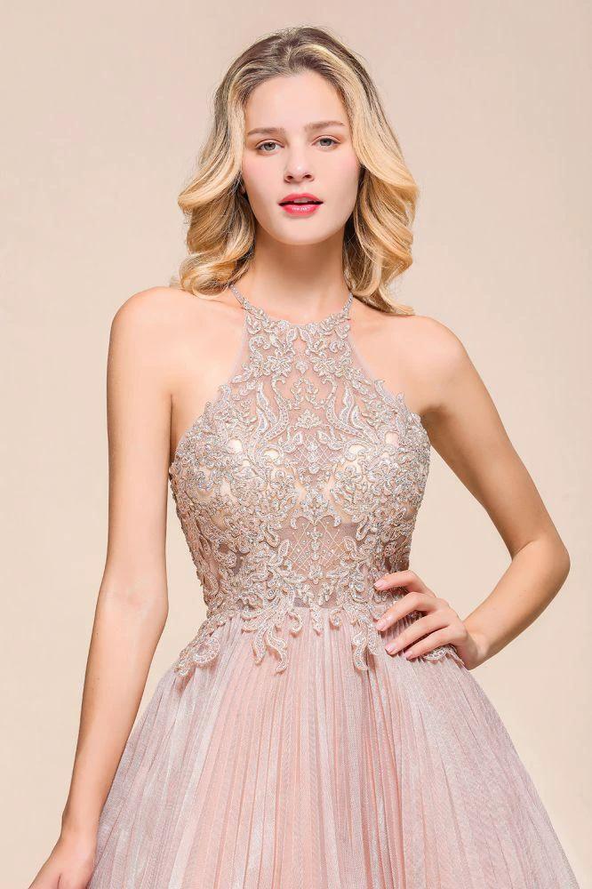 Halter Sparkly Short Homecoming Dress Floral Lace Aline Prom Dress Knee Length