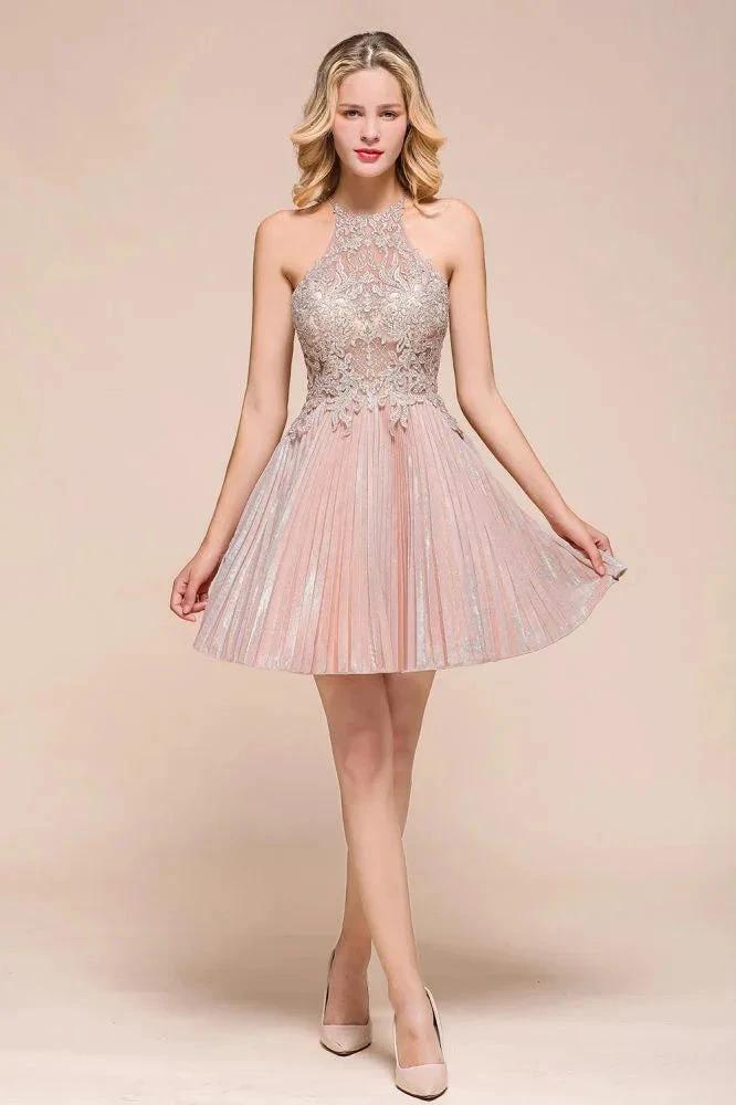 Halter Sparkly Short Homecoming Dress Floral Lace Aline Prom Dress Knee Length