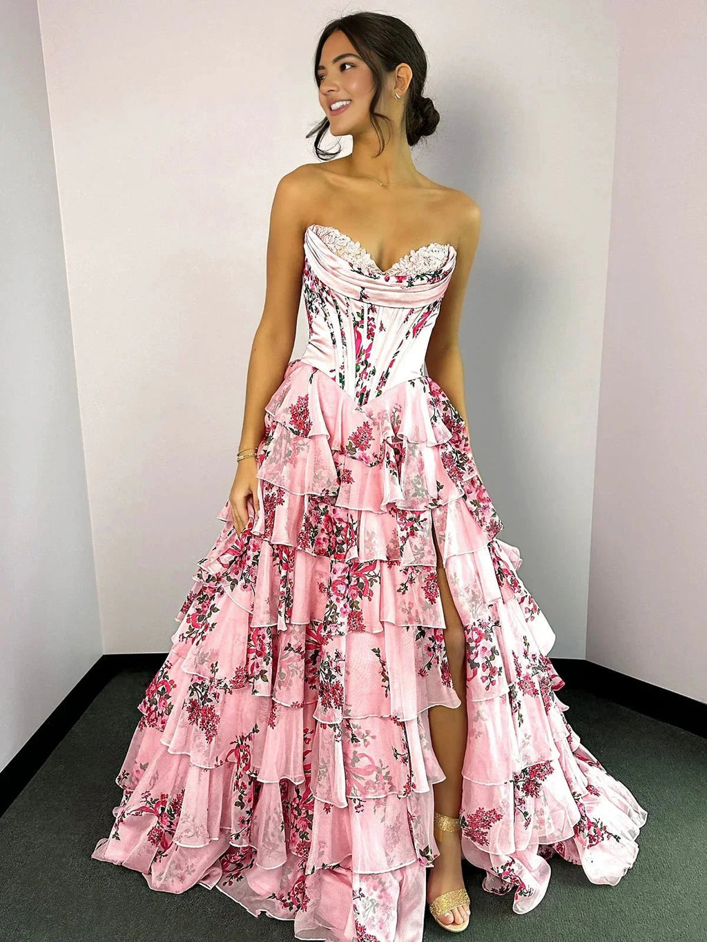 Haruko | A-Line Blush Strapless Chiffon Floral Ruffled Prom Dress With Slit