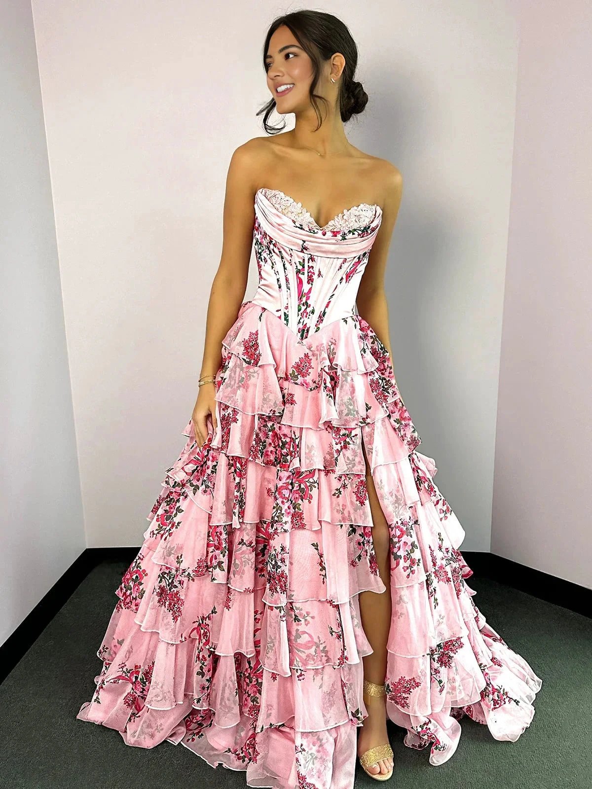 Haruko | A-Line Blush Strapless Chiffon Floral Ruffled Prom Dress With Slit